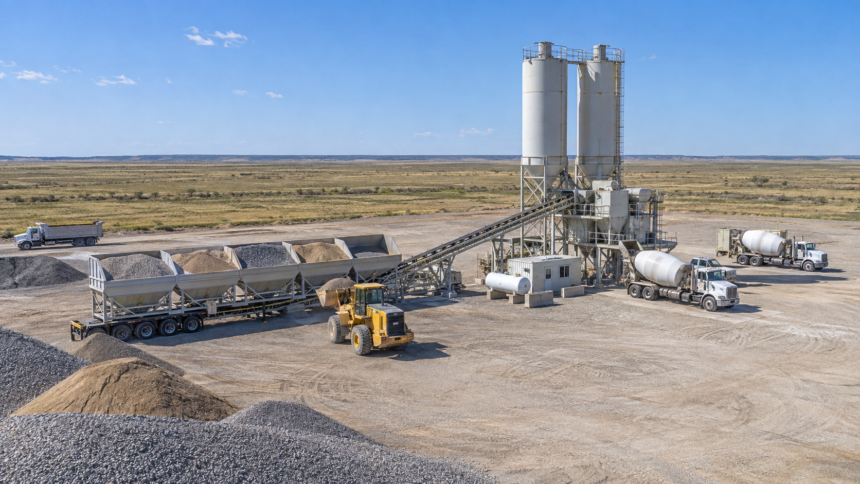 Illustrative mobile batch plant operation with silos, aggregate stockpiles, loader, and trucks in a remote landscape